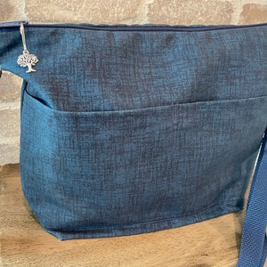 Lightweight Day bag, Minimalist 8 inch x 10 inch, messenger strap purse by Darby Mack & Made in the USA Denim Blue