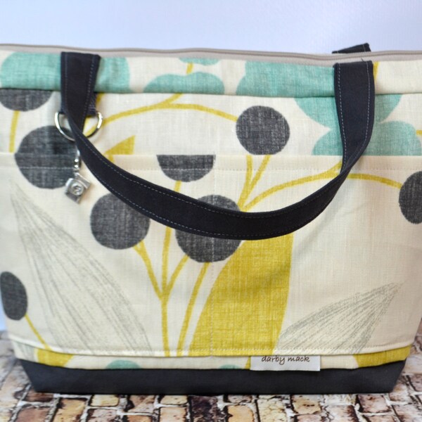 Camera bag in linen, not too large Satchel  by Darby Mack made in the USA, citron yellow, pale teal, charcoal leaf print, in stock