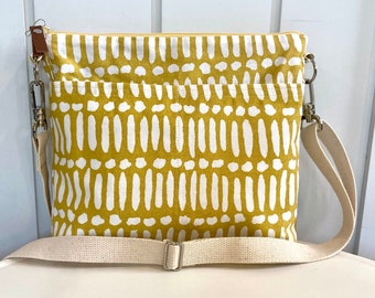 Day Bag  cross body option -  8" x 10" YELLOW & WHITE cotton canvas, made in the USA, By Darby Mack