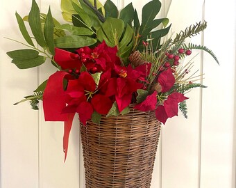 The Christmas Store Door wreath, Large Lush hanging  winter basket, tropical Christmas poinsettias