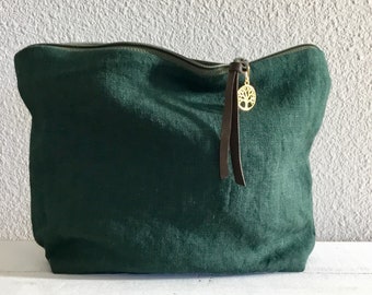 Sac de maquillage, Lin, Fourre-tout minimaliste, fabriqué aux États-Unis, Par Darby Mack, en Vert