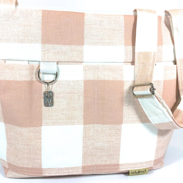 Market tote bag in Blush Pink and White Buffalo Plaid -  Lightweight Shoulder bag, by Darby Mack Made in the USA, Check, Vegan shopper