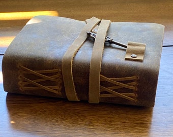 Vintage Leather Journal handmade, antique style paper, key trim with pen pocket by Darby Mack