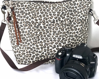 DSLR Camera bag purse, brown & black faux Animal print, crossbody, lightweight,  tribal cotton canvas  bag, by Darby Mack,  Made in the USA