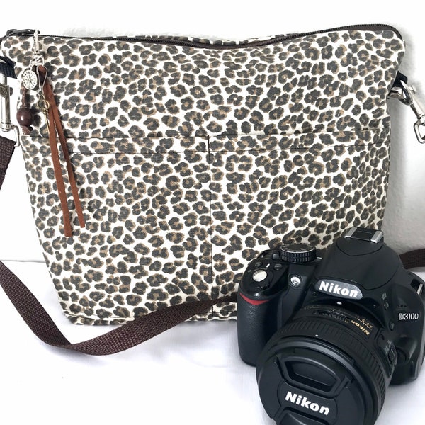 DSLR Camera bag purse, brown & black faux Animal print, crossbody, lightweight,  tribal cotton canvas  bag, by Darby Mack,  Made in the USA