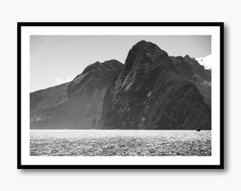 Milford Sound Photo Print – New Zealand Landscape Wall Art, Black & White Poster