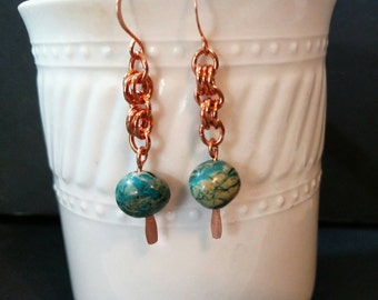 Simple, Minimalist Copper Chain Maille and Variscite, Sea Sediment, Aqua Terra Jasper Earrings-10E