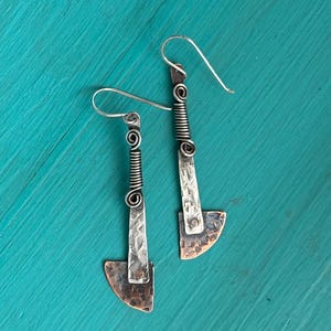 One of a Kind Sterling Silver and Copper Hallmarked, Hand Forged and Riveted Artisan Earrings-2195ED