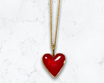 Red Heart Charm Enamel Gold Necklace 22K Dainty Gift Idea
