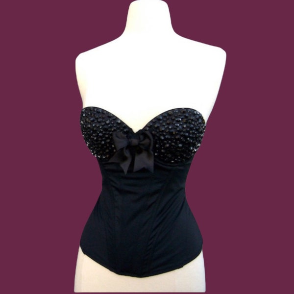 Sample Sale Black on Black Rhinestone Strapless Bustier Witch Ready to Ship Corset Length Halloween Costume Top 34 B