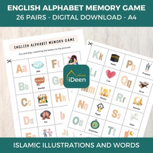 Könnte beinhalten: Ein druckbares Alphabet-Memory-Spiel mit islamischen Illustrationen und Wörtern. Das Spiel enthält 26 Kartenpaare, jedes mit einem Buchstaben des Alphabets und einem entsprechenden islamischen Bild und Wort. Die Karten sind in einem hellrosa und grünen Farbschema mit weißem Hintergrund gestaltet.