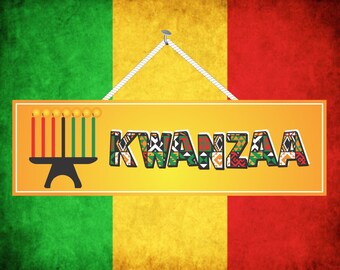 Kwanzaa Decoration Sign With African Colors Gold Background Lit Kinara Candles Gifts Holiday Decor Pm519