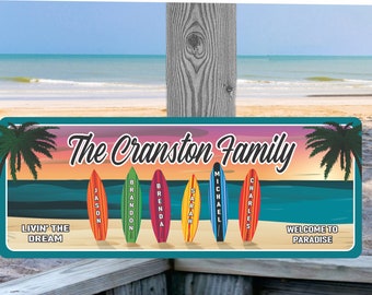 Personalized Beach Sign with Surfboards | Coastal Decor | Names on Boards | Handcrafted Wall Art | Gift for Surfers | Coastal Home Décor