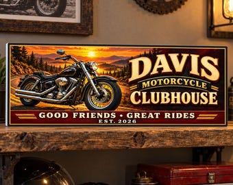 Personalized Motorcycle Sign: Custom Biker Garage Decor with Sunset and Cruiser