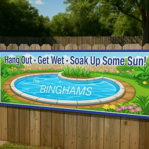 A colorful personalized poolside sign featuring a cartoon pool scene with tropical plants and a wooden fence, customized with the family name, displayed outdoors on a backyard patio.