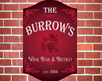 Personalized Red Wine Bar Sign - Grape Vine Décor | Custom Alcohol Sign