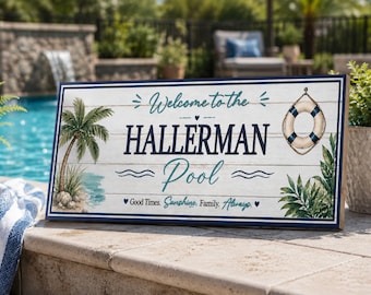 Letrero personalizado para piscina: Decoración personalizada para piscinas de jardín, Arte mural para piscinas familiares con estilo costero