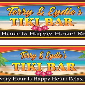The tiki bar sign is shown in both 24x6 and 36x6 sizes side by side, demonstrating the difference in scale for shoppers to compare.