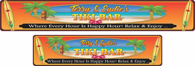 The tiki bar sign is shown in both 24x6 and 36x6 sizes side by side, demonstrating the difference in scale for shoppers to compare.