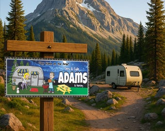 Personalized RV Camping Sign: Custom Cartoon Couple & Pet Decor