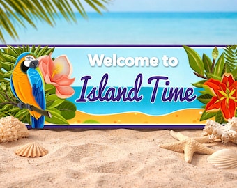 Island Time Sign: Tropical Beach Decor, Parrot Coastal Wall Art