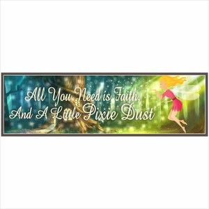 close up of fairy quote sign with pixie dust theme and glowing forest background with inspirational text