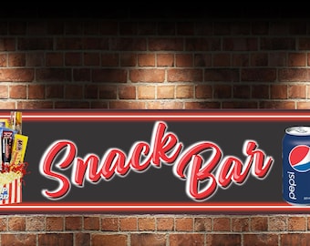 Custom Movie Room Snack Bar Sign 36x6 - Aluminum Wall Decor with Soda Cup or Can Option - Home Theater Metal Art - Film Night Accessories