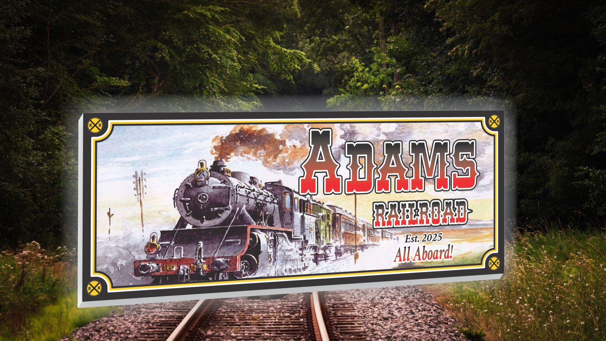 Personalized Railroad Sign – Vintage Steam Engine Wall Art for Train Lovers, Custom Name Railway Decor, All Aboard Sign for Man Cave or Den