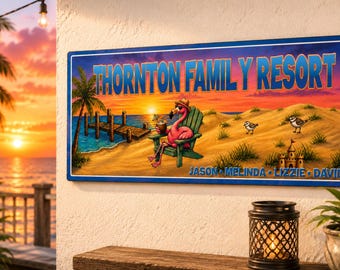 Letrero personalizado para resort tropical: Decoración de pared personalizada con diseño de puesta de sol en la playa.