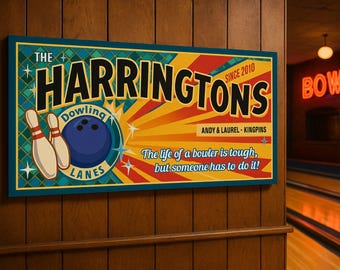 Personalized Retro Bowling Alley Sign – Custom Family Name Wall Art
