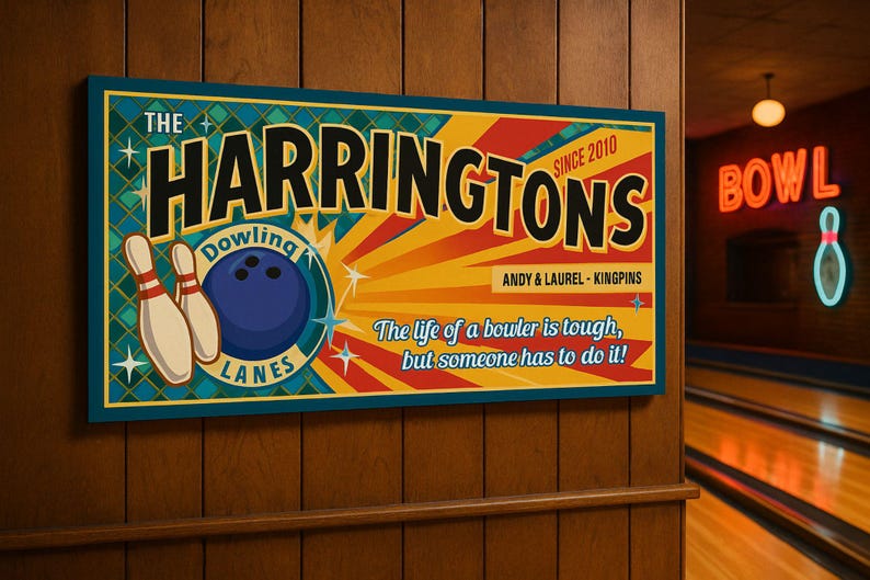 Colorful retro-style bowling sign mounted on a wood-paneled wall next to a neon-lit bowling lane; features pins, a ball, and bold lettering.
