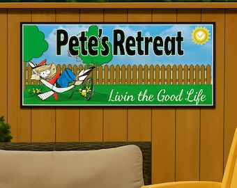 Personalized Backyard Retreat Sign: Funny Cartoon Chef BBQ Grill Art