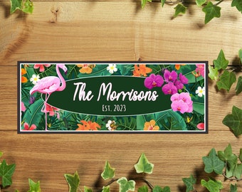 Personalized Ferns and Flamingo Sign with Name & Established Date - Tropical Floral Decor