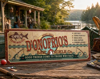 Letrero de pesca personalizado: decoración para tienda de artículos de pesca, arte de pared estilo cabaña de lago vintage