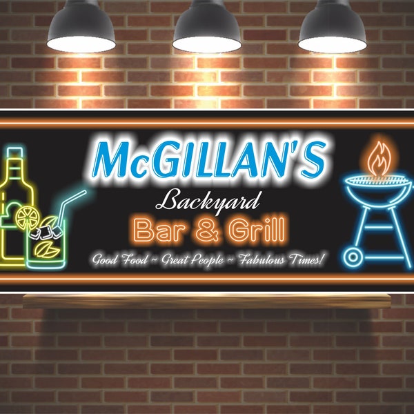 Personalized Backyard Bar and Grill Sign Neon Effect Vinyl Custom BBQ Sign Patio Decor or Barbeque Grill Master Gift 36"x15"