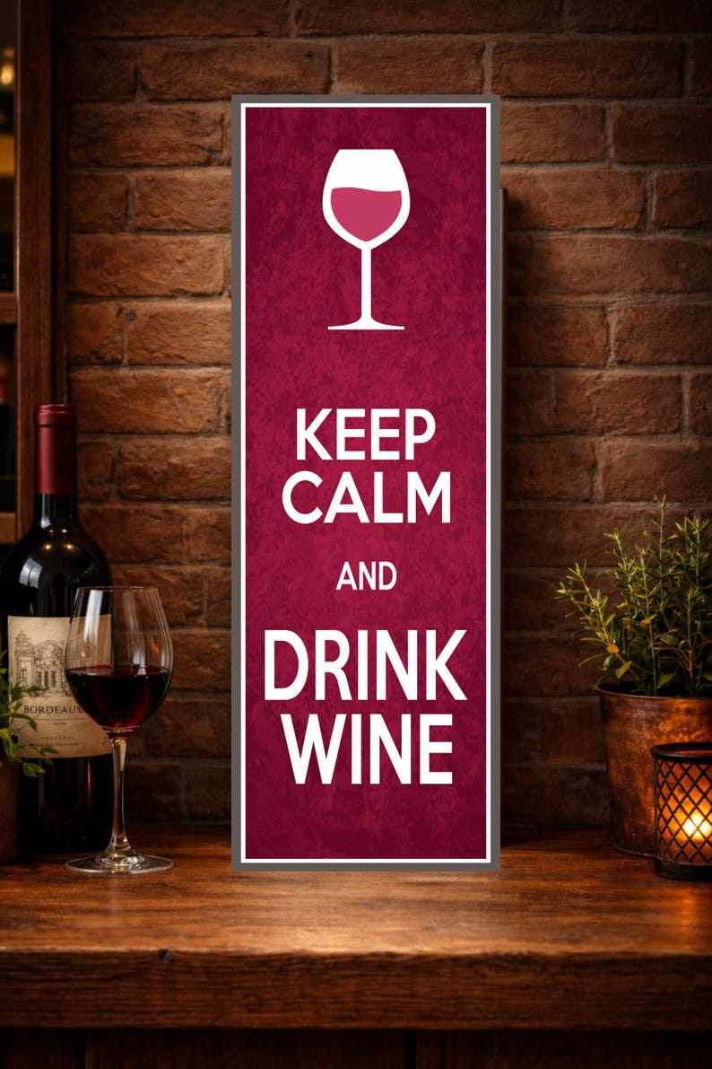 wine decor sign leaning on bar top against brick wall cozy bar setting