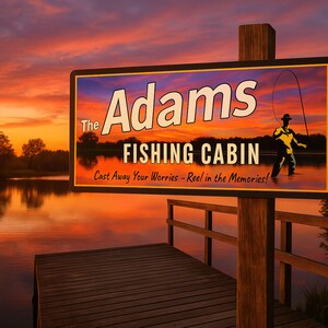 Personalized Fishing Cabin Sign – Custom Lake House Wall Art with Fisherman Graphic, Rustic Outdoor Decor for Cabin or Retreat