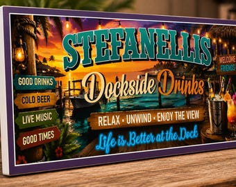 Personalized Bar Sign: Tropical Waterfront Wall Decor, Coastal Pub Gift
