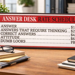 funny answer desk rate schedule sign on office desk with glasses notebook and coffee