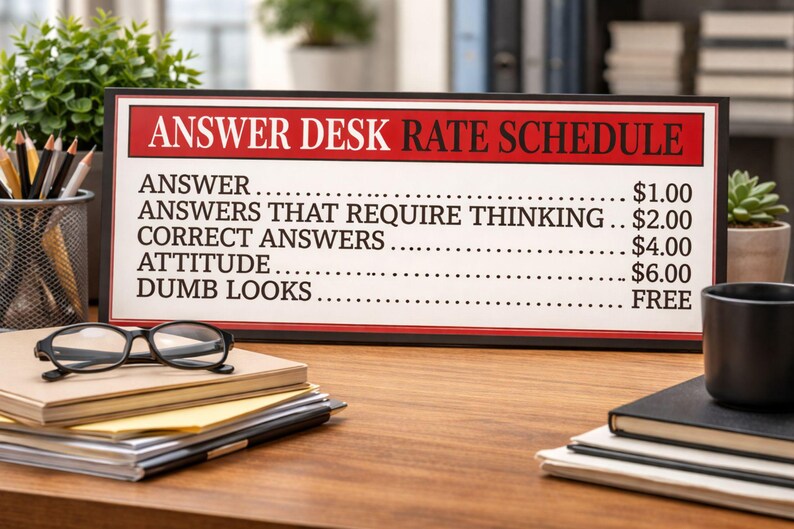 funny answer desk rate schedule sign on office desk with glasses notebook and coffee