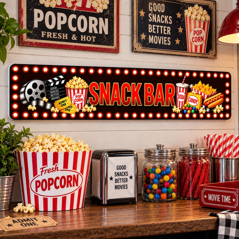 Snack Bar aluminum sign displayed in a home theater concession area with popcorn and movie decor