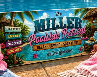 Letrero personalizado con las reglas de la piscina, decoración personalizada para un refugio familiar junto a la piscina, oasis tropical en el patio trasero, arte de pared para bar de patio, regalo para la piscina, hecho en EE. UU.
