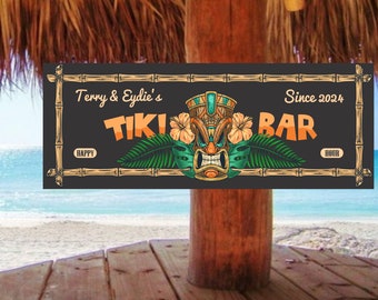 Handcrafted Tiki Bar Sign - Personalized Name & Date - Tiki Mask, Ferns, Hibiscus Flowers (4 Sizes)