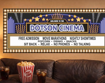 Personalized Home Theater Sign: Custom Cinema Marquee Wall Art, Movie Room Decor