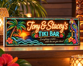 Personalized Tiki Bar Sign: Tropical Palm & Parrot Wall Decor, Custom Printed Glow-Effect Artwork