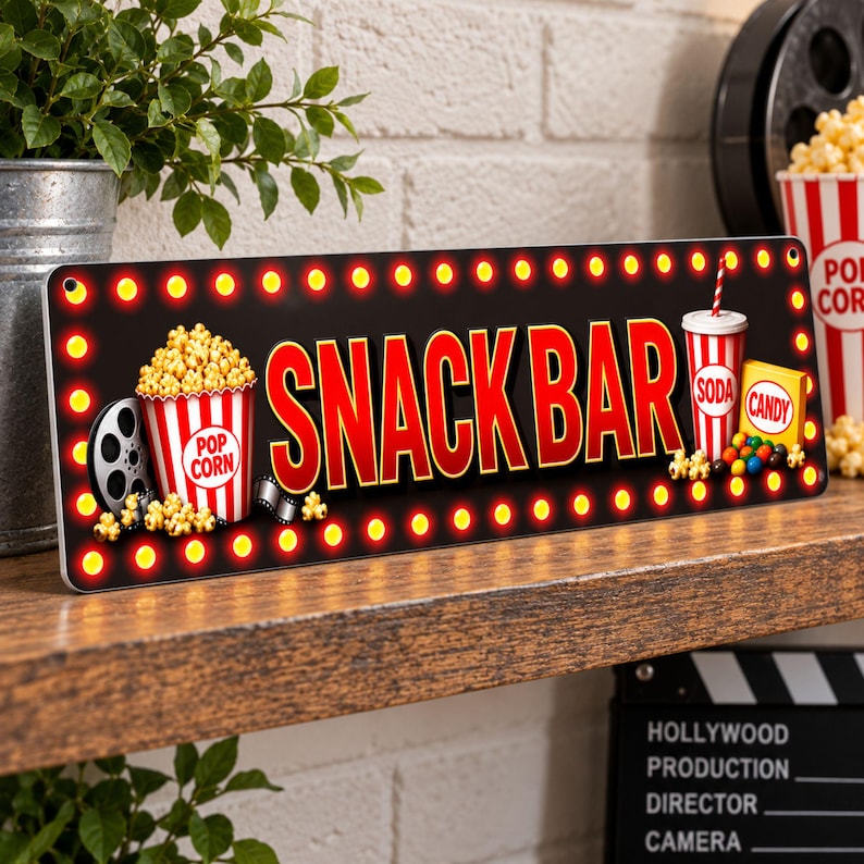 Snack Bar aluminum sign displayed on a wood shelf with movie theater decor