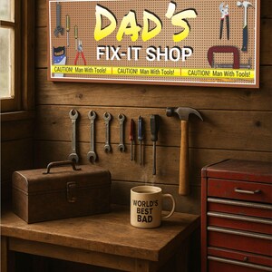May include: A brown wooden sign with the text "DAD'S FIX-IT SHOP" in yellow letters. The sign has a pegboard background with various tools hanging on it. The sign also has a yellow caution tape with the text "CAUTION! Man With Tools!" repeated three times.