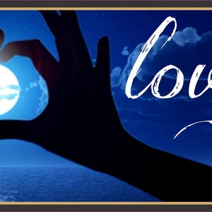 love you to the moon and back rectangular wall sign with moon and heart hands design on dark blue background