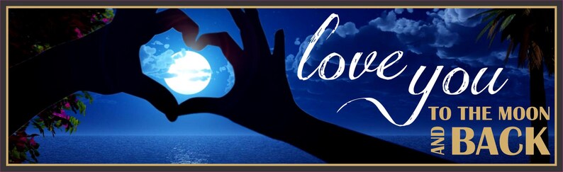love you to the moon and back rectangular wall sign with moon and heart hands design on dark blue background