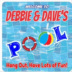 personalized swimming pool wall sign reading welcome to family pool with colorful beach ball and lifesaver graphics